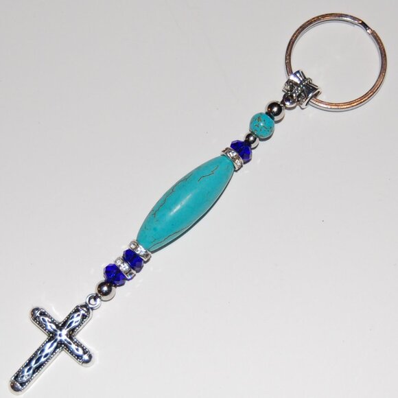 Elegant Cross Keychain,Cross Bag Charm,Turquoise Beaded Keychain - Picture 1 of 2